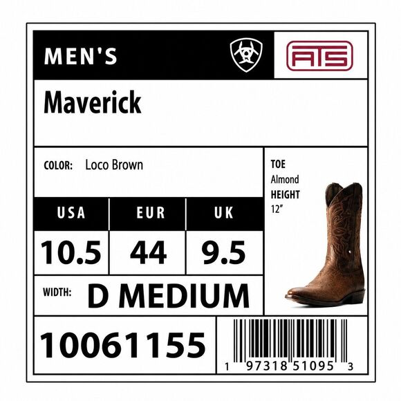Ariat® Maverick Western Boots Loco Brown 10061155 ATS Almond Toe Men’s 10.5D